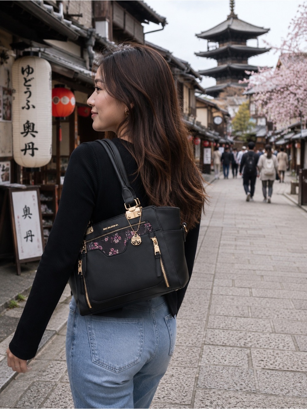 NWOT Big Buddha Black Satchel with Pink & Purple Floral Pouch
